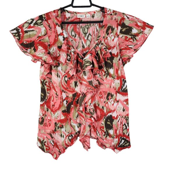 Women's Cato Ruffle Front Top Blouse Abstract Print V Neck Short Sleeve Size L - Picture 1 of 11